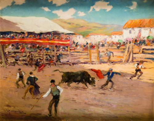 JOAQUÍN  TERRUELLA MATILLA, "Plaza de toros", Óleo sobre li