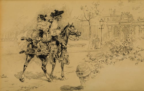 JULIO GROS FERNANDEZ , "Gitanos a caballo junto a la puerta