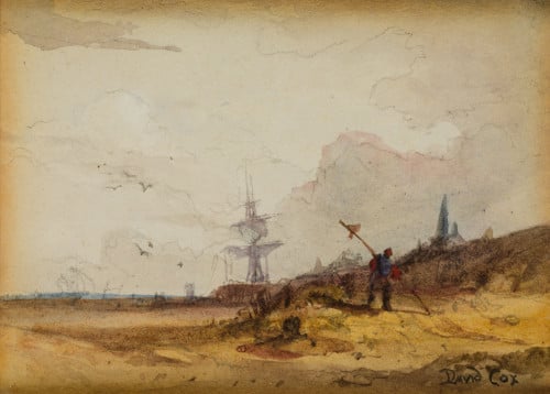 DAVID COX, "Paisaje costero", Acuarela sobre papel