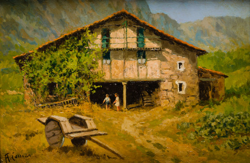 AUGUSTO COMAS BLANCO, "Caserío vasco, Durango", 1942, Óleo 