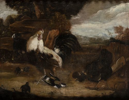 TOMÁS HIEPES, O YEPES, "Aves en un corral", Óleo sobre lien