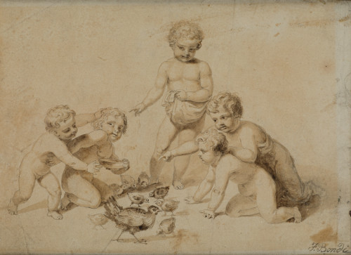  ESCUELA ITALIANA, "Putti jugando con pollitos y gallina", 