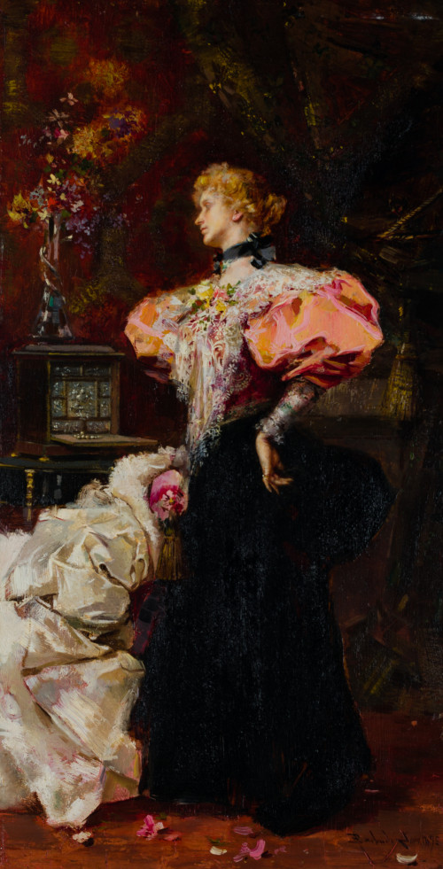 SALVADOR SÁNCHEZ BARBUDO, "Dama en interior", 1895, Óleo so