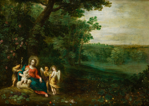 JAN BRUEGHEL II Y  PIETER VAN AVONT, "Paisaje con la Virgen