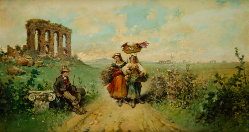 JOSÉ ARPA Y PEREA, "Paisaje romano con campesinos", 1885, Ó