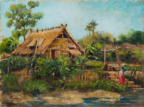 VICENTE RIVERA Y MIR, "Paisaje filipino con cabaña, rio y m