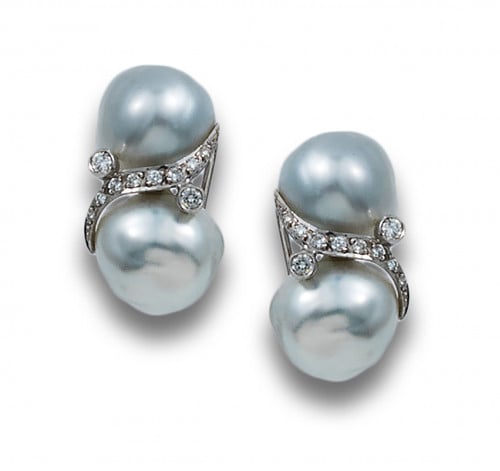 PENDIENTES ORO BLANCO, PERLAS Y DIAMANTES