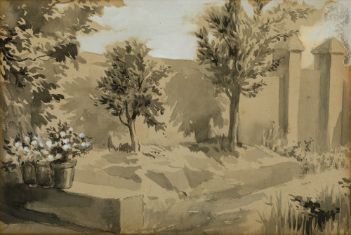 JOAQUÍN MIR TRINXET, "Patio", Aguada y albayalde sobre pape