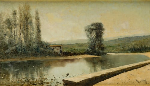 MANUEL RAMOS ARTAL, "Paisaje con lago", 1896, Óleo sobre li