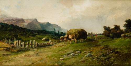 JOSÉ VILAR  Y TORRES, "Paisaje con campesinos", Óleo sobre 