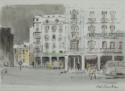 JOSÉ SANCHA, "Plaza de Santa Cruz", Rotulador y acuarela so