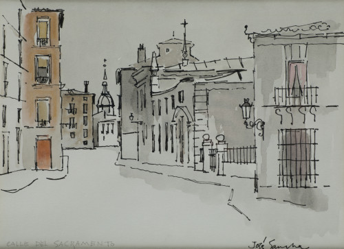 JOSÉ SANCHA, "Calle del Sacramento", Tinta y acuarela sobre