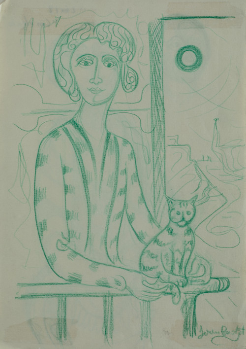 JOAN BROTAT, "Mujer con gato", Lápiz verde sobre papel