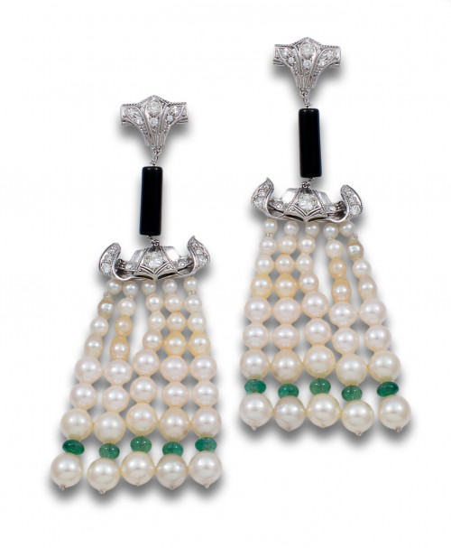 PENDIENTES LARGOS, ESTILO ART DECO, DE DIAMANTES, ESMERALDA