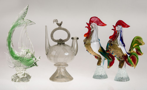 Pareja de gallos de cristal soplado de Murano, años 70