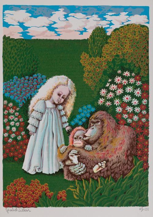 ISABEL VILLAR, "Niña con orangutanes", Serigrafía sobre pap