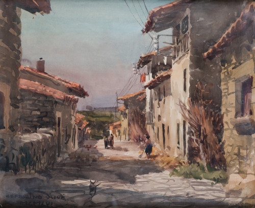 CEFERINO OLIVÉ, "Calle de pueblo", 1966, Acuarela sobre pap