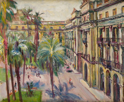 SIMON  BUSOM GRAU, "Plaça reial-Matí", 1980, Óleo sobre lie