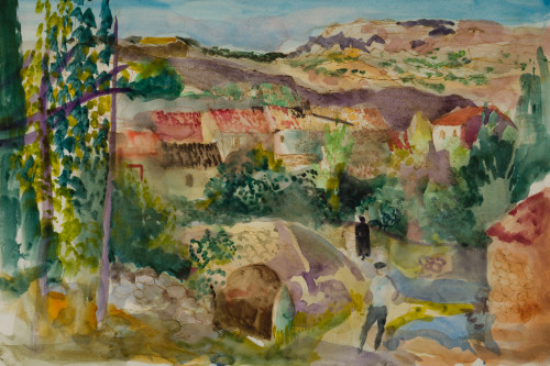 EMILIO GRAU SALA, "Paisaje con campesinos", Acuarela sobre 