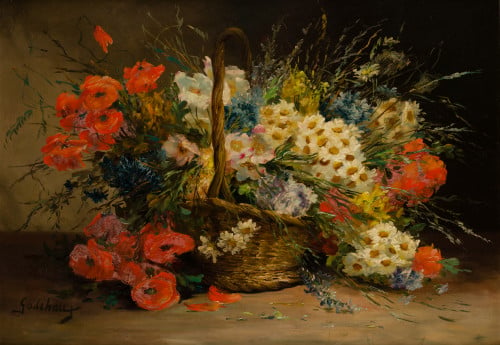 ROGER GODCHAUX, "Cesto con flores", Óleo sobre lienzo