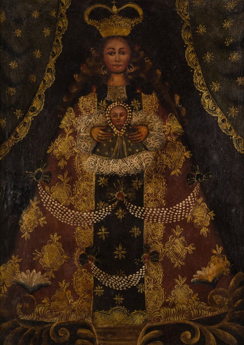 ESCUELA CUZQUEÑA, "Virgen con Niño", Óleo sobre lienzo