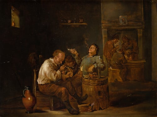 SEGUIDOR DE  TENIERS, "Escena de taberna", Óleo sobre tabla