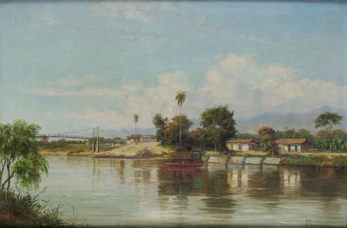 LUIS MONGE, "Paisaje fluvial del Amazonas", Óleo sobre lien