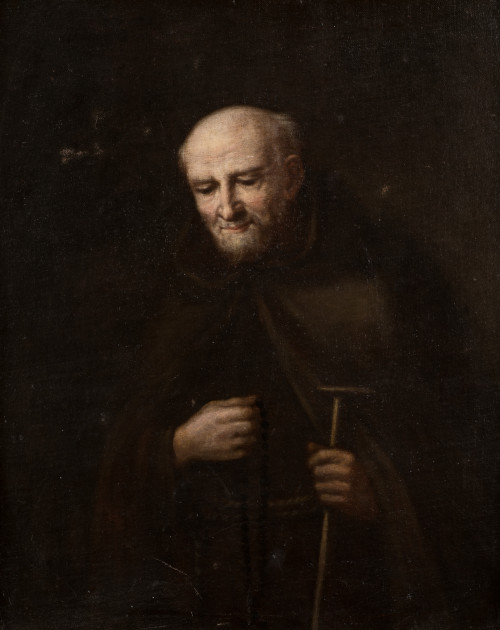 ESCUELA ESPAÑOLA , Retrato de un franciscano rezando el Rosario, Óleo ...