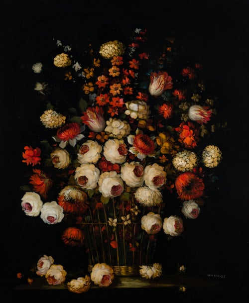 CARLOS LAHARRAGUE, "Cesto con flores", Óleo sobre panel.