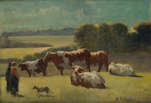 ESCUELA FRANCESA, "Paisaje con vacas y campesinos", 1891, Ó