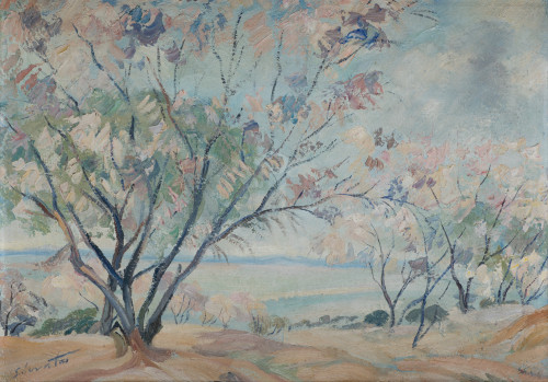  ESCUELA ESPAÑOLA, "Paisaje en la rivera", Óleo sobre cartón