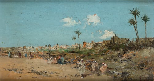 ANÓNIMO, "Paisaje de Marruecos con personajes", Óleo sobre 