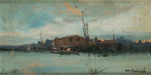 ESCUELA ESPAÑOLA, "Paisaje fluvial", Óleo sobre tabla