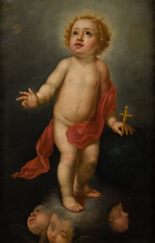 AGUSTÍN MORA, "Niño Jesús triunfante", Óleo sobre lienzo