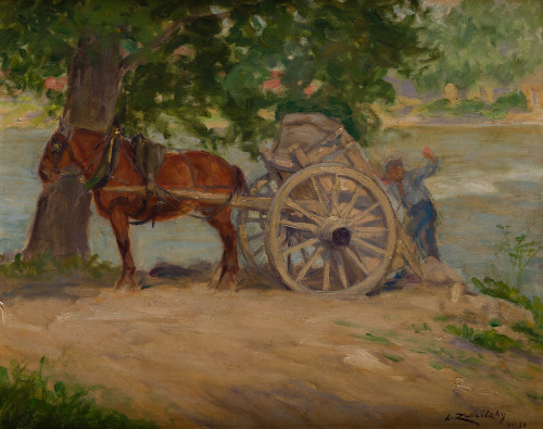 LORAND ZUBRITZKY, "Carro y hombre trabajando", Óleo sobre l