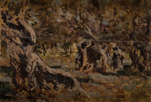 ANTONIO MUÑOZ DEGRAIN, "Paisaje boscoso", Óleo sobre tabla