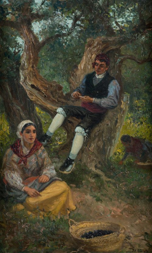 JUAN JOSÉ GÁRATE CLAVERO, "Almuerzo en el olivar", Óleo sob