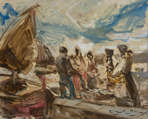 ÁNGEL GONZÁLEZ MARCOS, "Pescadores", Óleo sobre lienzo pega