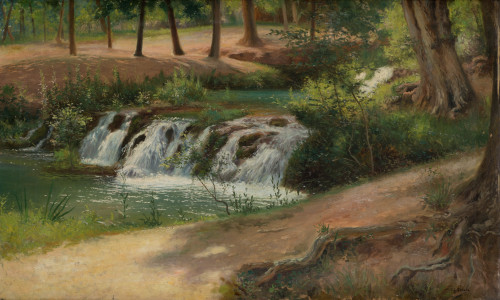 JUAN JOSÉ GÁRATE CLAVERO, "Paisaje boscoso con rio", Óleo s