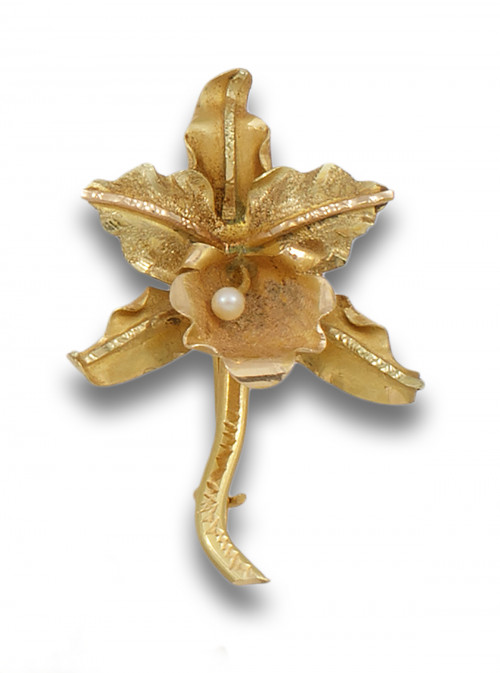 BROCHE ORQUÍDEA DE ORO AMARILLO Y PERLITA