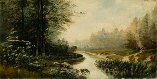  ANÓNIMO, "Paisaje con río", Óleo sobre lienzo