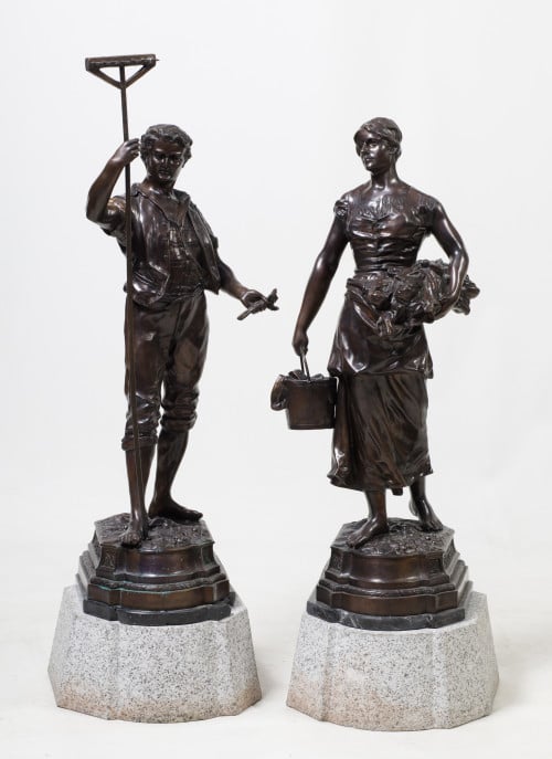 "Campesinos", pareja de esculturas de bronce patinado, Fran