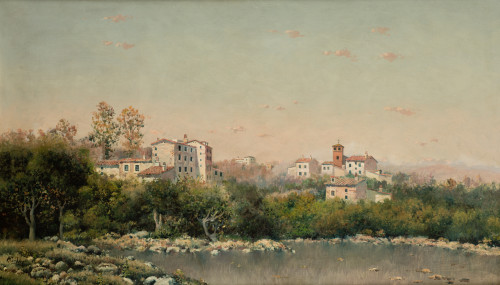 JOSÉ FRANCO CORDERO, "Vista de pueblo desde la laguna", Óle