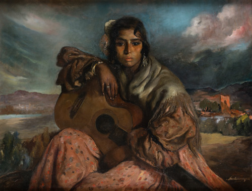 ERNESTO SANTASUSAGNA SANTACREU, "Gitana con guitarra", Óleo