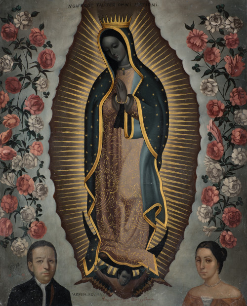 ESCUELA MEXICANA , "Virgen de Guadalupe con donantes", 1881