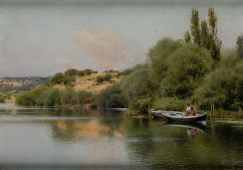 EMILIO SÁNCHEZ PERRIER, "Remando en el rio", Óleo sobre tab