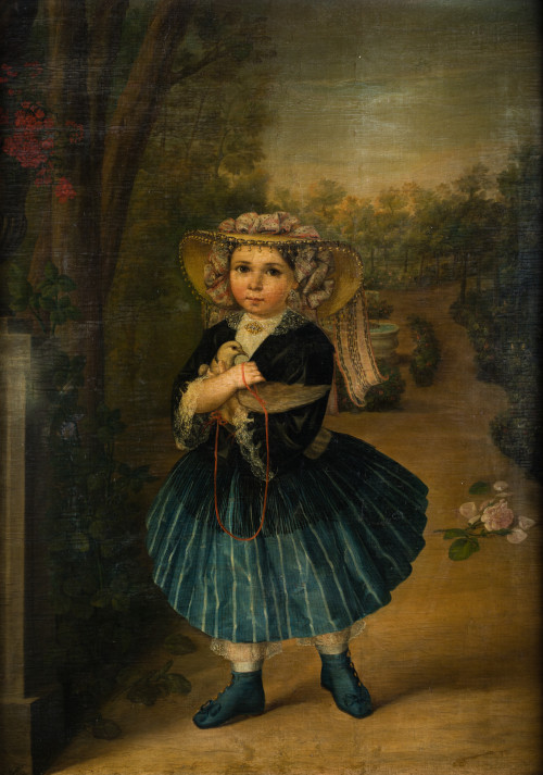 ESCUELA ESPAÑOLA, "Niña jugando con una paloma en el jardín