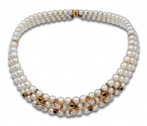 CHOKER AÑOS 80 DE ORO, PERLAS ESMERALDAS Y DIAMANTES