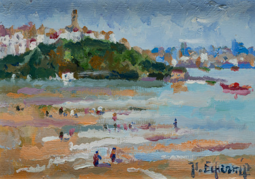 JOSE LUIS ECHEVARRIA, "Playa de Zarauz", Óleo sobre cartón 