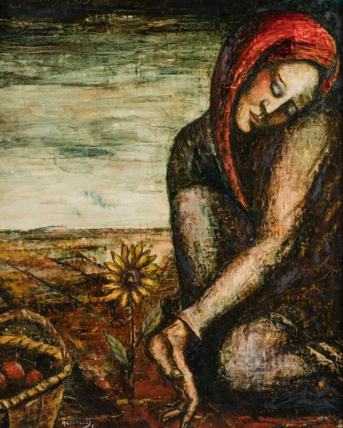 JULIO  FERNÁNDEZ ARGUELLES, "Mujer con flor", 1982, Óleo so